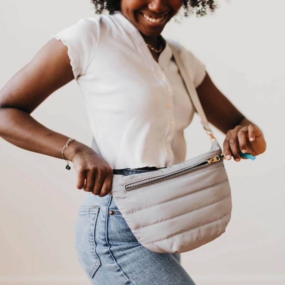 Quilted Puffer Sling Bag Light Grey Belt Crossbody